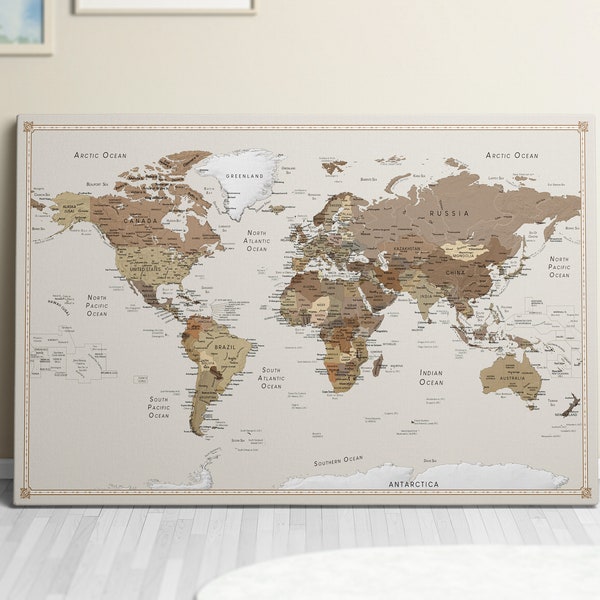 Tableau d’affichage personnalisé Carte du monde Home Decor Canvas Travel Weltkarte Wall Decor Pinnwand Pushpin Cork Board Gift Pin Carte du Monde Brown