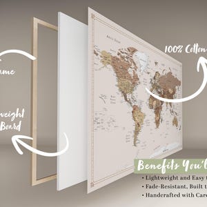 Carte du Monde Personnalisée en Toile avec Épingles | Tableau Carte Voyage Marron | Cadeau pour Voyageurs | Décoration Murale en Liège image 7