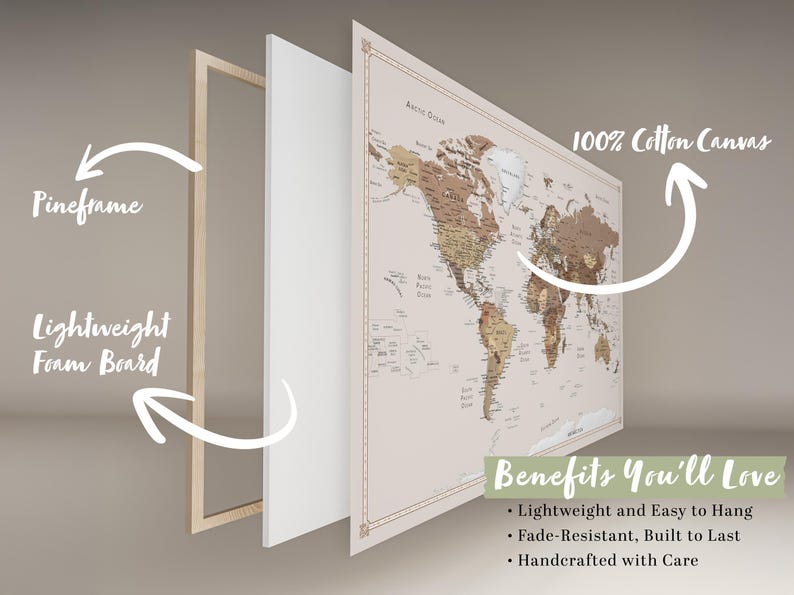 Carte du Monde Personnalisée en Toile avec Épingles | Tableau Carte Voyage Marron | Cadeau pour Voyageurs | Décoration Murale en Liège image 7