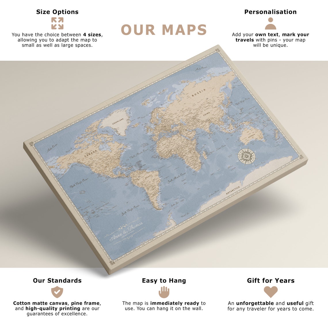Nautical Blue Push Pin World Map Canvas – Classic Travel Tracker Map ...