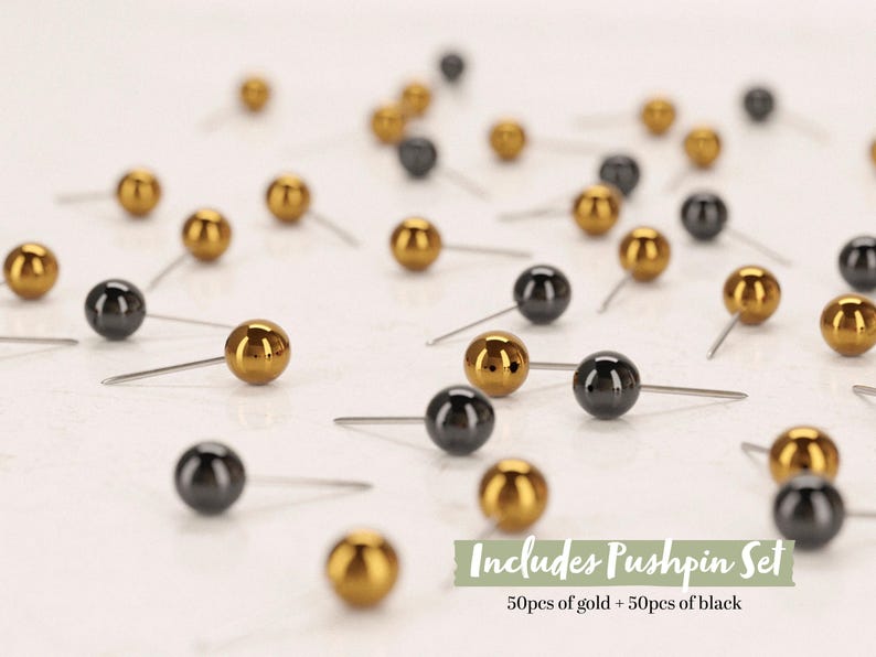 May include: A set of 100 pushpins, 50 gold and 50 black, with round heads. Includes Pushpin Set 50pcs of gold + 50pcs of black
