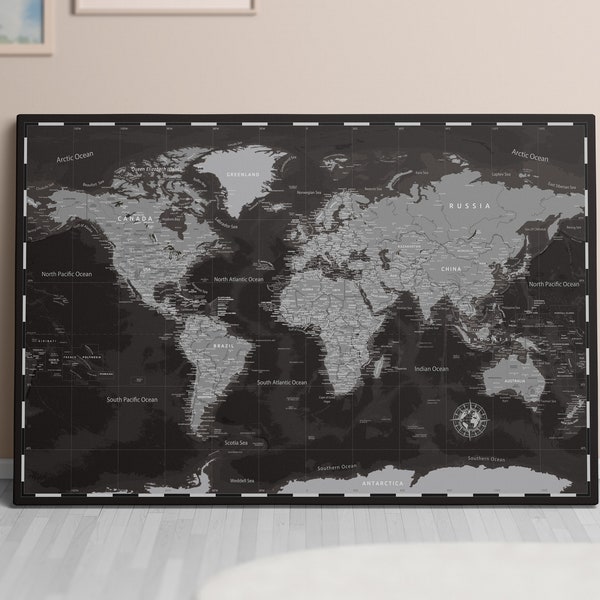 Custom Pushpin World Map Canvas - Modern Travel Pinboard for Home & Office, Personalized Wall Decor Notice Board, Gift Weltkarte Pinnwand