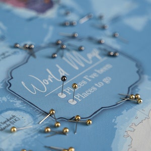 Könnte beinhalten: Eine blaue Weltkarte mit goldenen und silbernen Stecknadeln. Die Karte hat ein weißes Etikett mit der Aufschrift "World Map" und "Places I've been" und "Places to go".