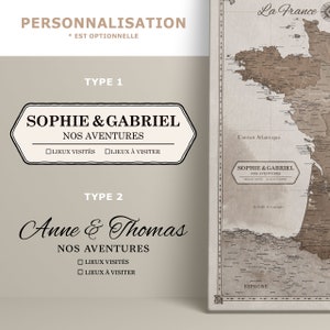 Options de personnalisation pour carte de France personnalisée à épingler sur toile.