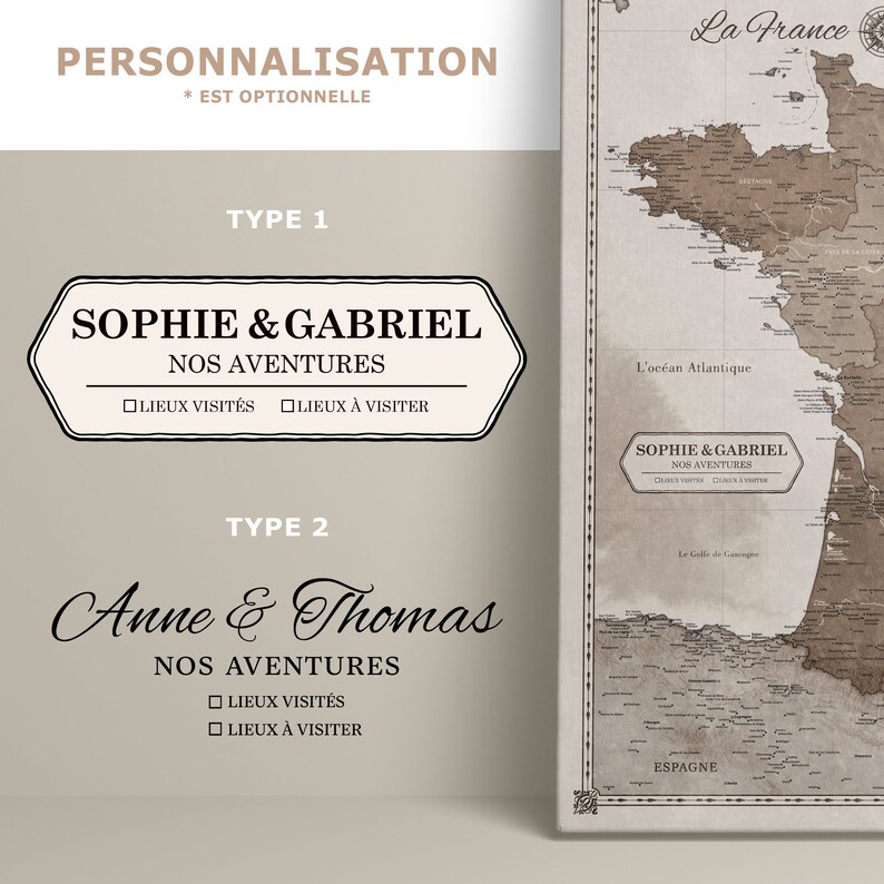 Options de personnalisation pour carte de France personnalisée à épingler sur toile.