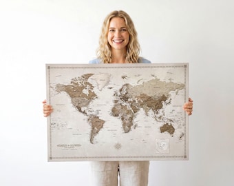 Personalized Push Pin World Map, Cotton Canvas Travel Tracker