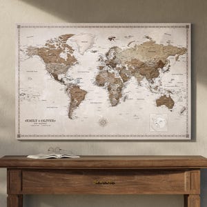 Personalised World Map Pin Board with Pins, Vintage Push Pin Travel Map, Custom Home Decor, Traveller Gift, World Map Canvas, Beige