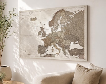 Personalized Vintage Europe Push Pin Map on Canvas - Custom Travel Tracker & Wall Decor Pinboard, Brown Colors, 100 Pins Included