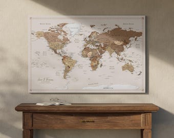 Personalized Push Pin World Map Canvas | Brown Travel Map Pinboard Wall Art | Gift for Travelers and Adventurers | Cork Board Home Decor