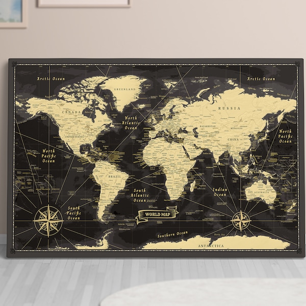 World Map Push Pin on canvas (+50 pins included) Pinboard Weltkarte Pinnwand Trip Map Travel Map Education Map Wall Art