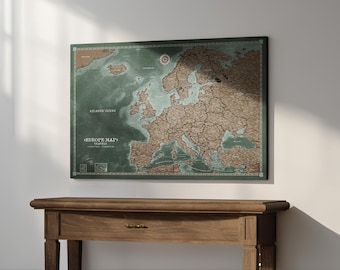 Map of Europe, Dark Green Nautical Europe Push Pin Board on Canvas - Custom Travel Tracker & Wall Decor