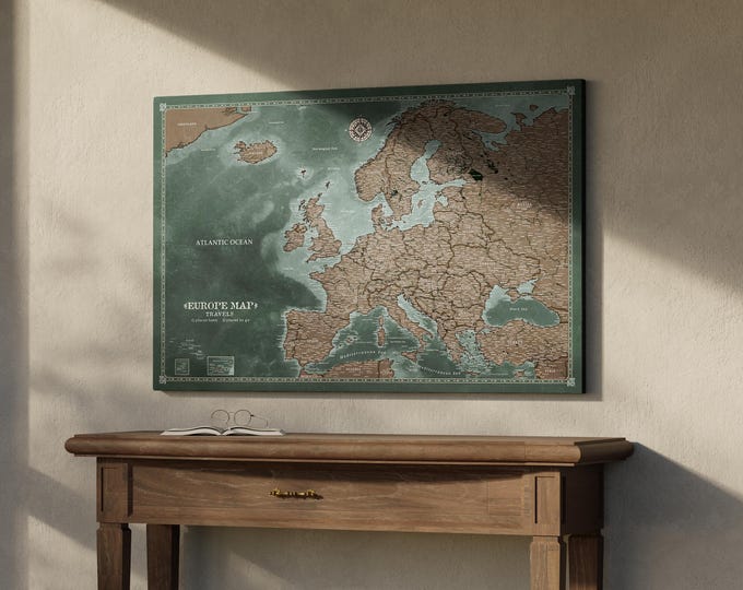 Large Europe Wall Map Brown - Push Pin Europe Map Canvas - Places ...