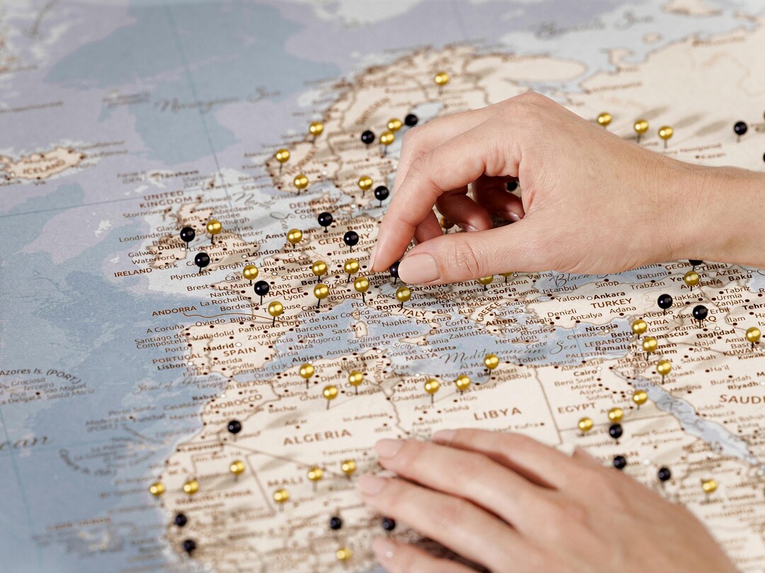 Nautical Blue Push Pin World Map Canvas – Classic Travel Tracker Map ...