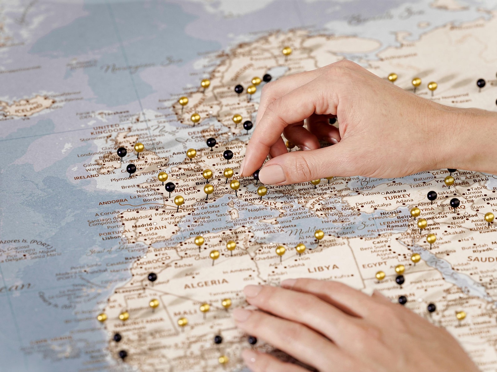 Nautical Blue Push Pin World Map Canvas – Classic Travel Tracker Map ...
