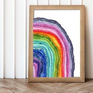 Rainbow Agate Geode Slice Watercolor Art Print, Abstract Multicolor Wall Art