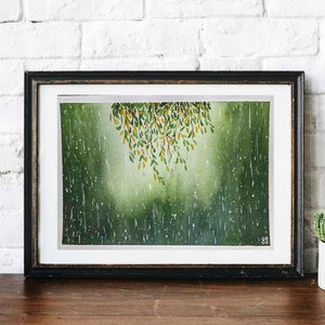 Rainy Day Misty Spring Forest and Leaves Original Watercolor Painting