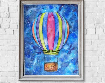 Watercolor Galaxy Hot Air Balloon Original Painting