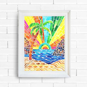 Rainbow Sunrise Palm Tree Tropical Beach Watercolor Print