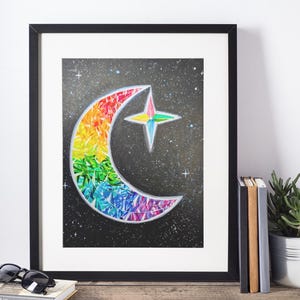 Rainbow Gemstone Crescent Moon and Star Original Watercolor Painting