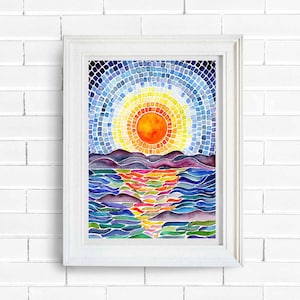 Sun and Ocean Mosaic Watercolor Painting Wall Art Print
