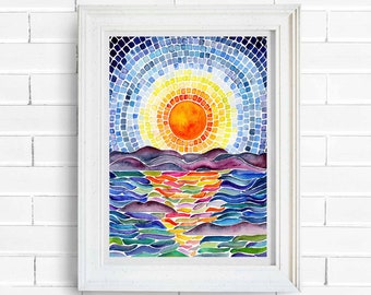 Sun and Ocean Mosaic Watercolor Painting Wall Art Print