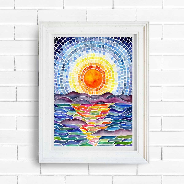 Soleil et Océan Mosaïque Aquarelle Peinture Murale Art Impression