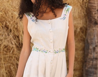 Hand Embroidered Square Neck Linen Dress YELENA, Wedding Guest Dress, Custom fit