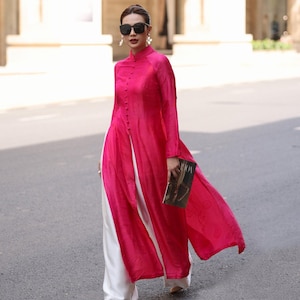 Ao dai women modern, Silk front slit dress, Hot pink Vietnamese dress, Traditional Vietnamese dress, Ao dai wedding, Plus size ao dai AS63