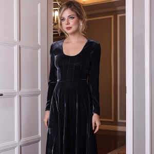 Long sleeve party gown MYAN, Charcoal velvet maxi dress, Velvet dress women, Custom dress, Elegant  velvet dress, Fit and flare velvet dress