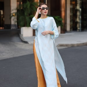 Vietnamese national costume, Blue ao dai, Custom ao dai, Ao dai women, Vietnamese dress with pants, Vietnamese long dress, Silk ao dai AS36