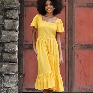 Square neck linen dress HARLYN, Ruffle hem linen dress, Party dress, Bridesmaid dress, Linen dress for women, Custom dress, Linen clothing