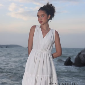 V-neck linen dress ELODIE, Ruffled shoulder dress Bridal shower guest dress, Linen dress for women, Custom dress, Linen clothing for women
