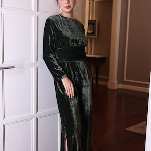 Premium mulberry silk velvet dress CILLY, Emerald velvet gown, Long sleeve velvet dress, Formal dress, Bridesmaid dress, Velvet dress women