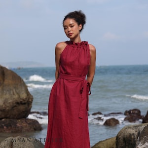 Neckholder Maxikleid SAVANNAH, Ärmelloses Leinenkleid, Leinenkleidung für Frauen, Boho Sommerkleid, Kleid nach Maß, Leinenkleid für Frauen
