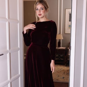 Elegant boat neck gown dress SUSAN, Floor length dress, Wine velvet dress, Formal velvet dress, Velvet dress for women, Custom dress