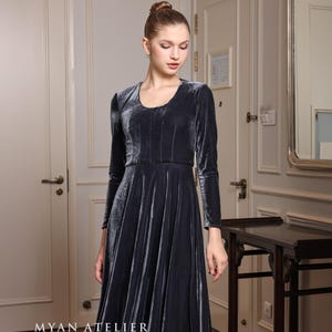 Long sleeve party gown MYAN, Charcoal velvet maxi dress, Velvet dress women, Custom dress, Elegant  velvet dress, Fit and flare velvet dress