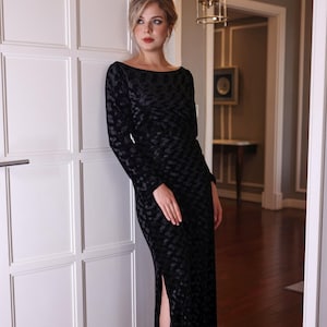 Boat neck velvet dress AYRIN, Long black velvet dress, Long sleeve velvet dress, Velvet dress cocktail, Velvet dress women, Custom dress,