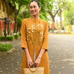Handmade embroidery linen modern ao dai, Modern Vietnamese ao dai, Embroidered ao dai, Vietnamese tunic dress, Custom ao dai women ELA-W14