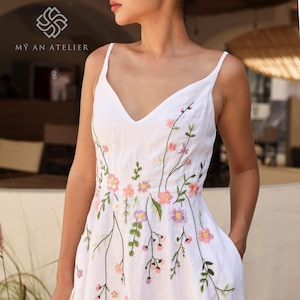 Hand-embroidered long dress for beach wedding CAILY, Unique V-neck linen wedding dress, Cami wedding dress with v-back, Bespoke bridal dress