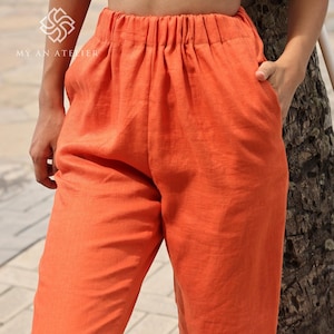 Linen trousers with elastic waist AMITY, Linen pants relaxed fit, Linen pants for women, Elastic waistband linen pants, Straight leg pants