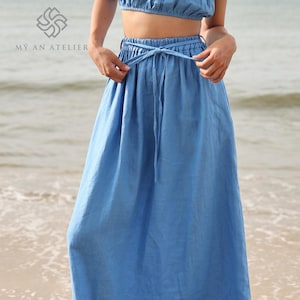 Maxi linen skirt with belt LAMU, Linen skirt with elastic waistline, High waist linen skirt, A-line skirt with pocket, Linen long skirt