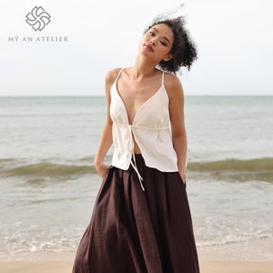 Linen tie front top BANOS, Deep V-neck linen top, Linen top with spaghetti straps, Linen sleeveless top, Linen tank top, Linen summer blouse