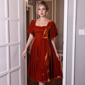 Velvet flutter sleeve SOREA, Evening velvet gown,  Rust bridesmaid dress, Velvet dress women, Party dress, Custom dress, Square neck dress