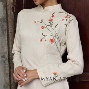 Embroidered linen ao dai, Ao dai with pants, Traditional Vietnamese dress, Vietnamese long dress, Plus size ao dai, Custom ao dai ELA-W48