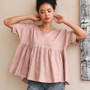Ruffled hem linen top MONA, Linen blouse V-neck, Short sleeve V-neck blouse, Casual shirt for women, Plus size linen top, V neck linen tunic