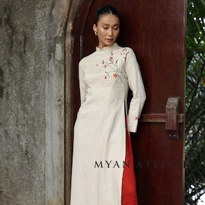 Embroidered linen ao dai, Ao dai with pants, Traditional Vietnamese dress, Vietnamese long dress, Plus size ao dai, Custom ao dai ELA-W48