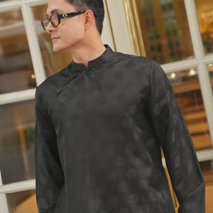 Mulberry silk men&#39;s ao dai, Black ao dai, Male ao dai, Ao dai tunic dress men, Male Vietnamese clothing, Long tunic for men SADM-1B
