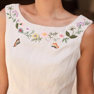 Hand-embroidered pleated dress KEVA, Boat neck linen dress, Sleeveless hand pleated linen dress, Custom dress, Linen dress wedding guest