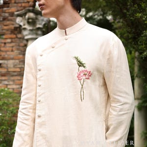 Hand-embroidered linen men’s ao dai, Vietnamese traditional dress for men, Male Vietnamese dress, Linen tunic for men, Custom ao dai LADM-2B