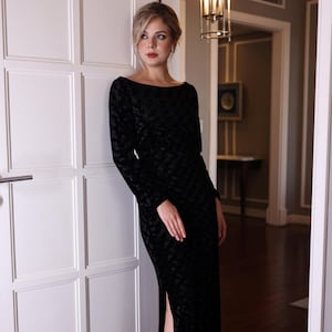 Boat neck velvet dress AYRIN, Black velvet dress, Long sleeve floor-length gown, Velvet dress cocktail, Velvet dress women, Formal dress